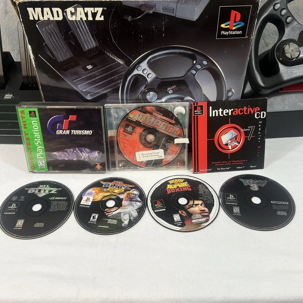 Sony PlayStation 1 SCPH-5501 Console Mad Catz Wheel Pedals PS1 7 Disc Lot
